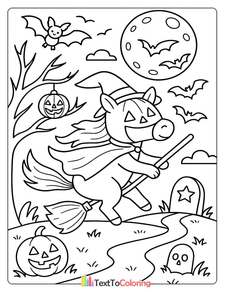 Cartoon pony dressed as a witch on a broomstick flying over a pumpkin patch and graveyard at night coloring page