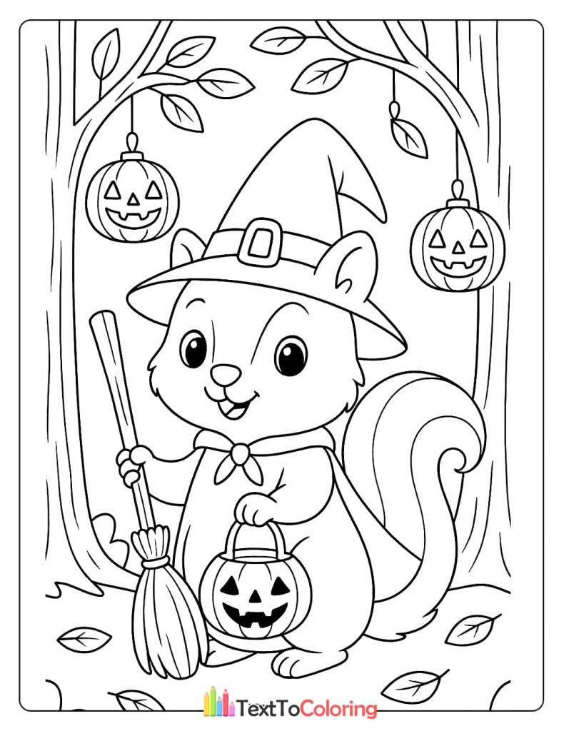 Adorable squirrel witch holding a broomstick and a jack o lantern basket under a tree Halloween coloring page