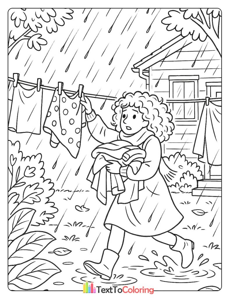 Woman rushing to take clothes off the clothesline in the sudden rain storm coloring page