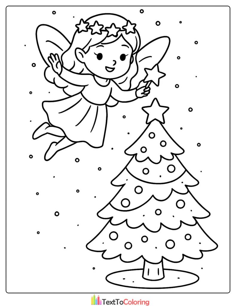 Simple Christmas Tree Coloring Page with Flying Angel Fairy
