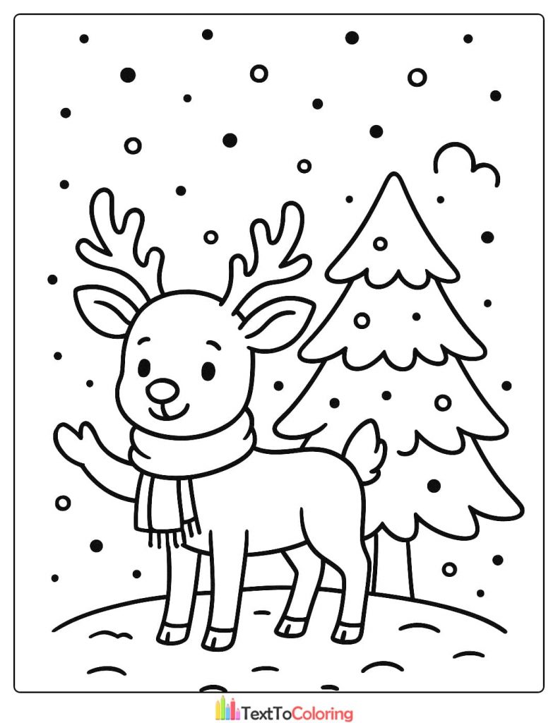 Christmas Coloring Page of a cute baby reindeer wearing a scarf standing next to a pine tree in the snow
