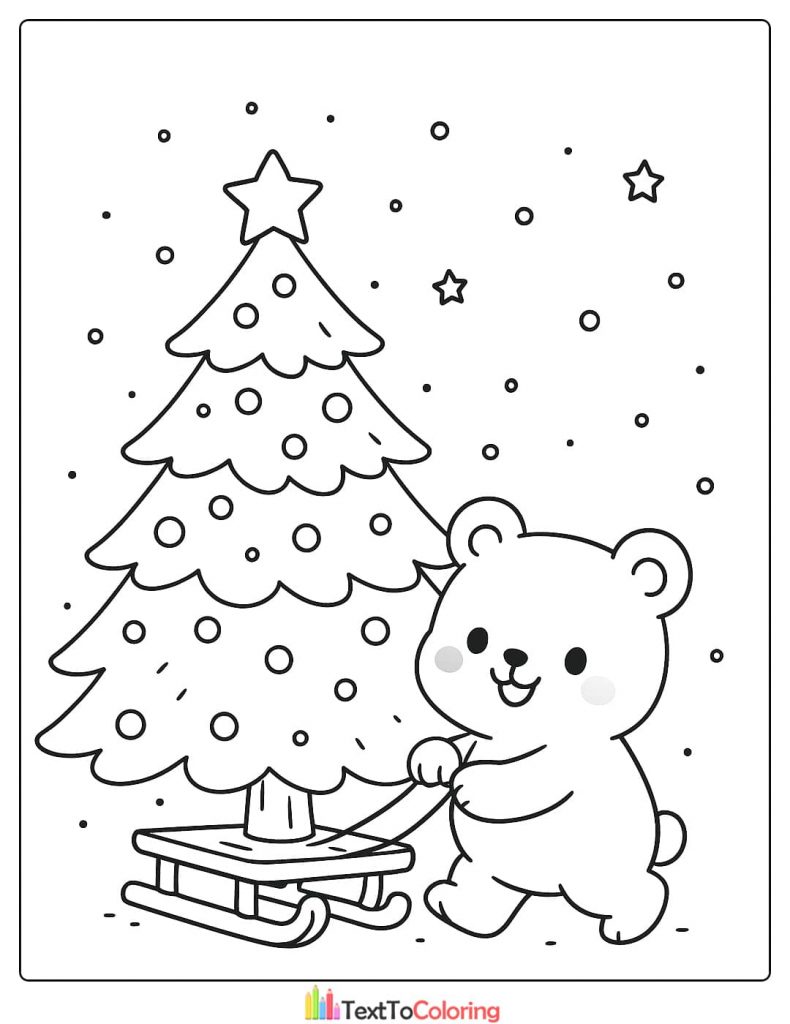Cute Christmas Tree Coloring Page with Happy Bear Pulling Sled