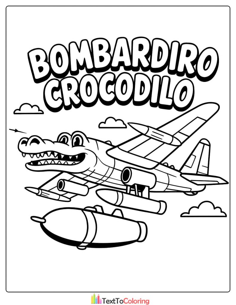Bombardiro Crocodilo Alligator Bomber Airplane Coloring Page