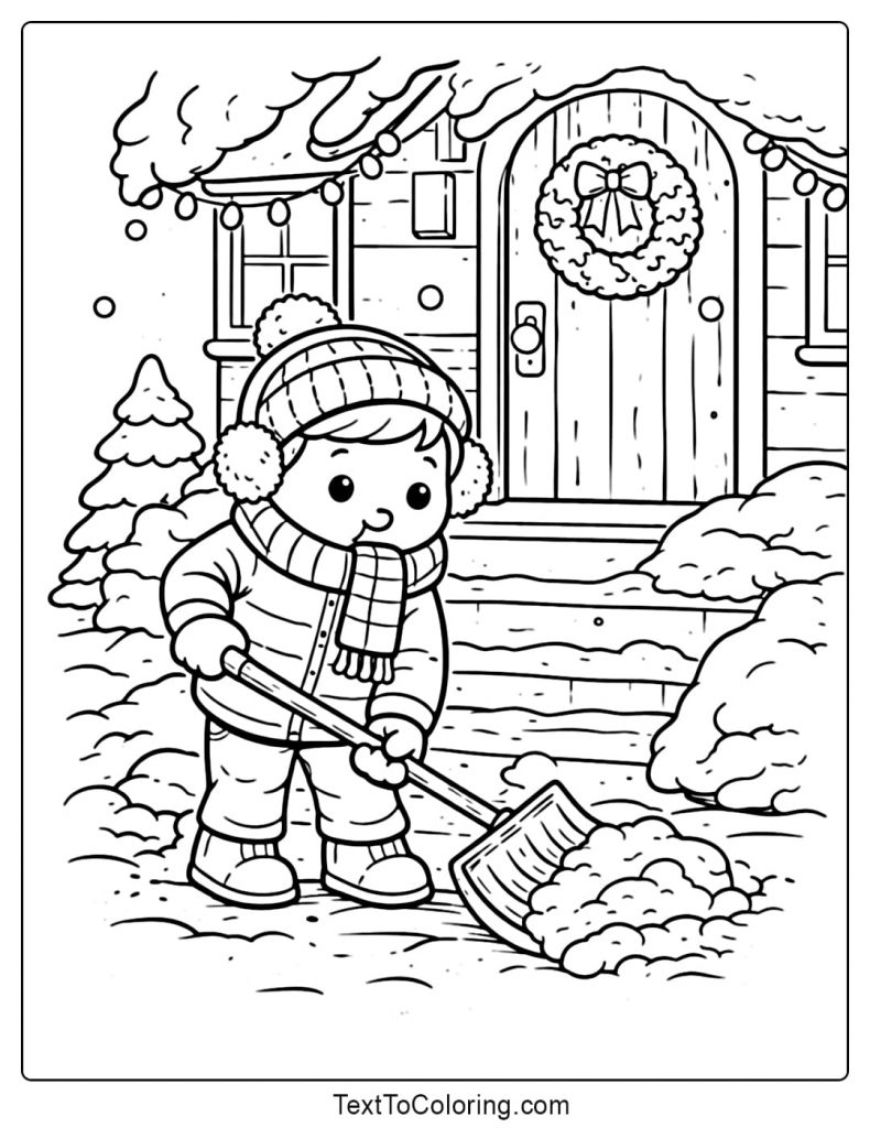 Child Shoveling Snow In Winter Coloring Pages