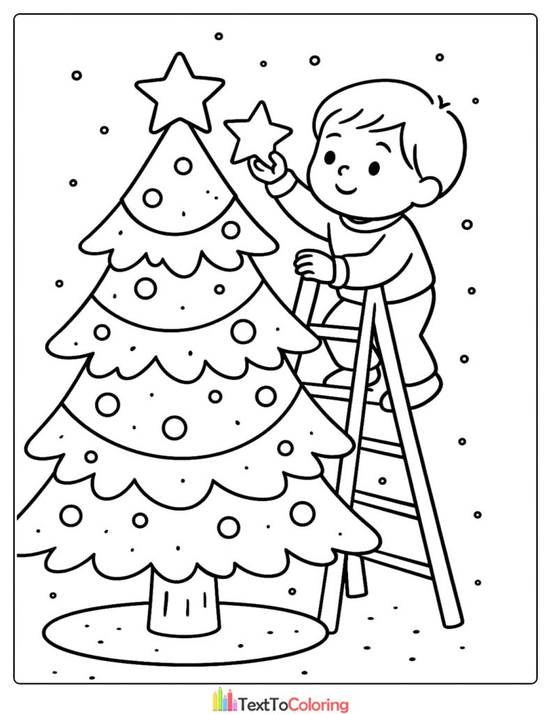 Christmas Tree Coloring Page with Child on Ladder Placing Star
