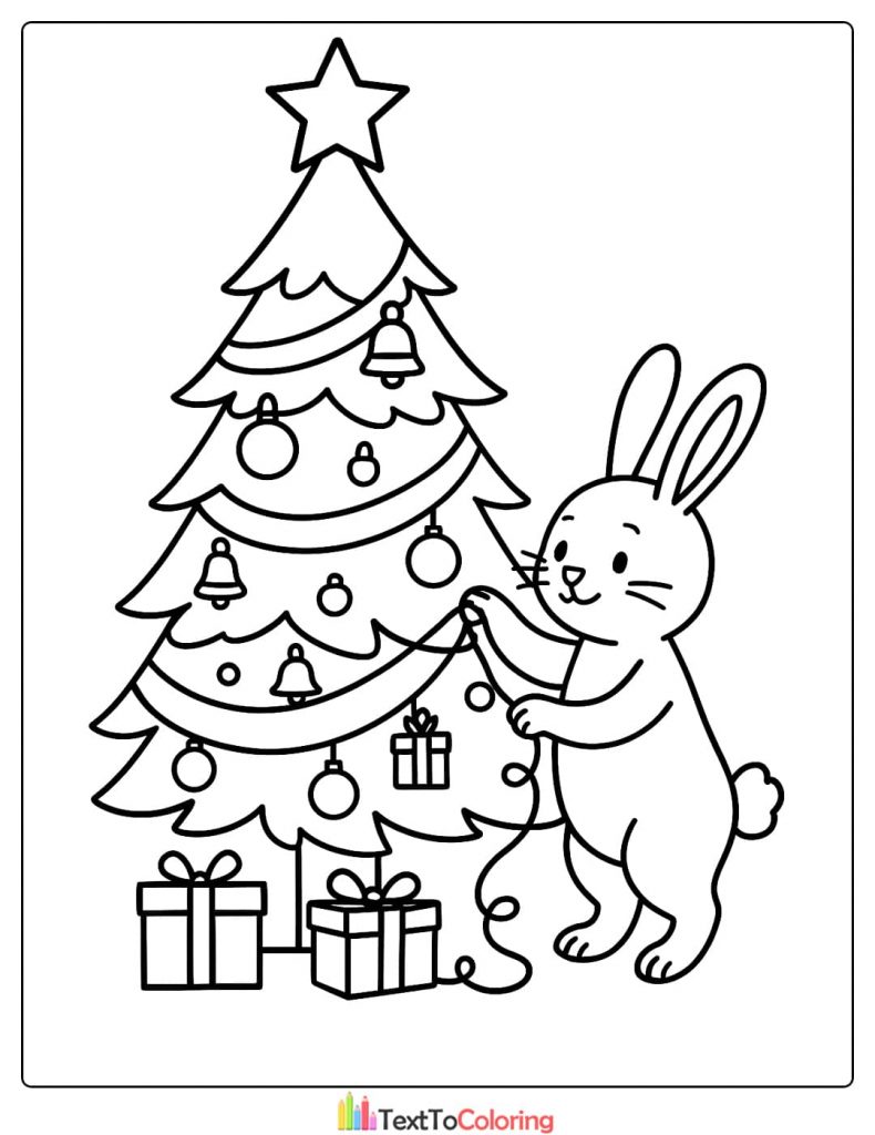 Interactive Christmas Tree Coloring Page with Rabbit Decorating Lights