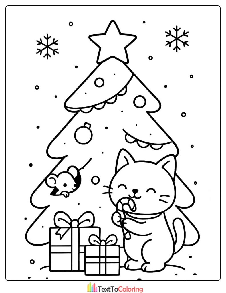 Cute Christmas Tree Coloring Page with Kitten Mouse Gifts Candy Cane