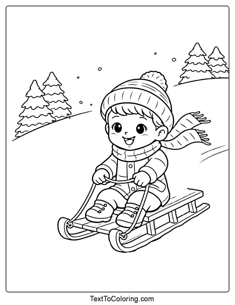Child Sledding Downhill Winter Sports Coloring Pages