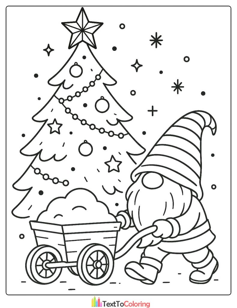 Christmas Coloring Page of a gnome pulling a cart of snow next to a decorated Christmas tree