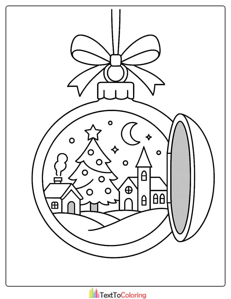 Christmas Coloring Page featuring a village scene inside a hanging ornament