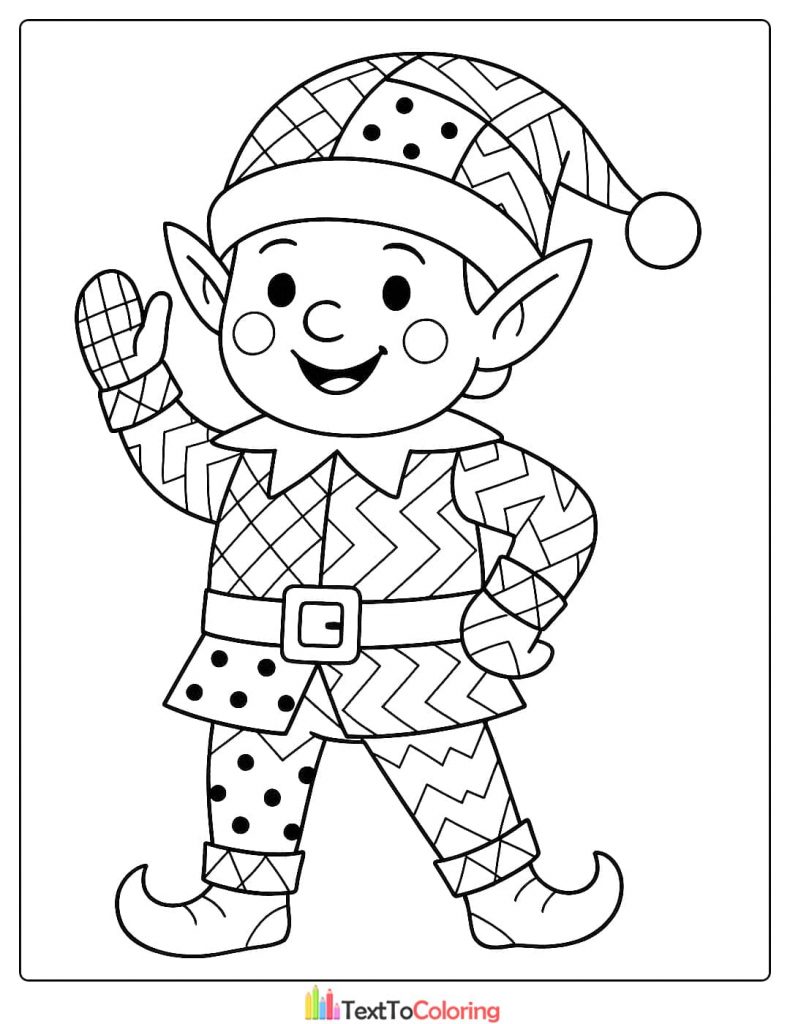 Smiling Christmas elf wearing a patchwork hat and zig-zag patterned outfit coloring page