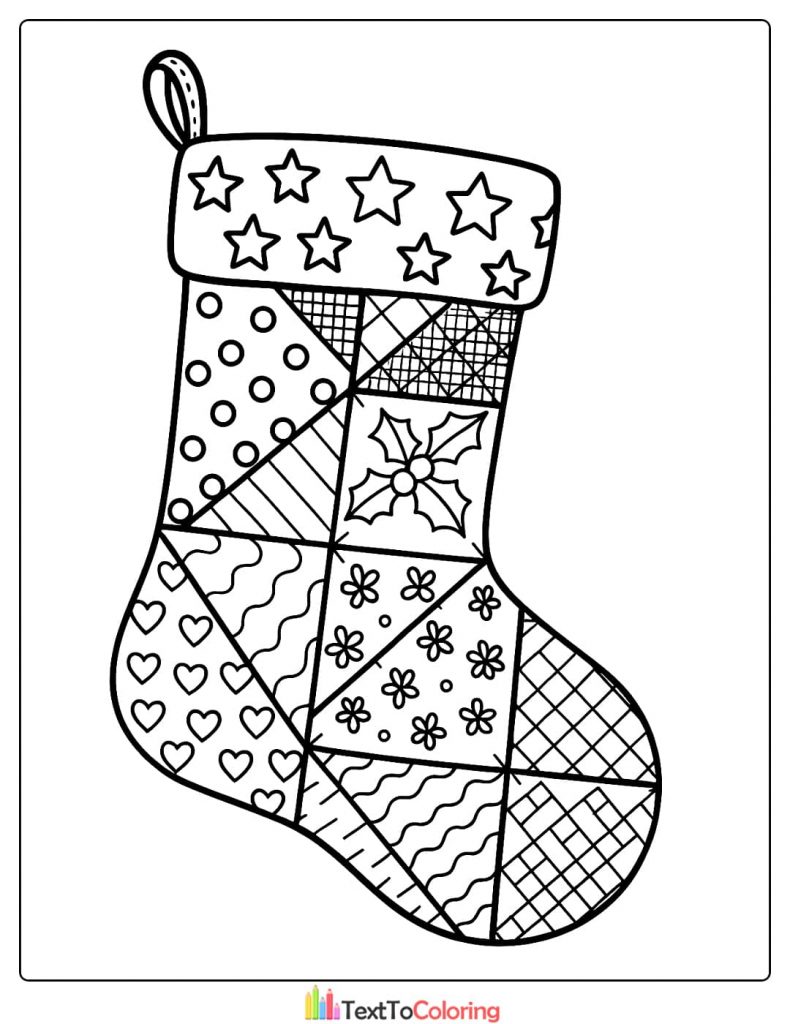 Patchwork Christmas stocking coloring page with stars hearts and holly designs