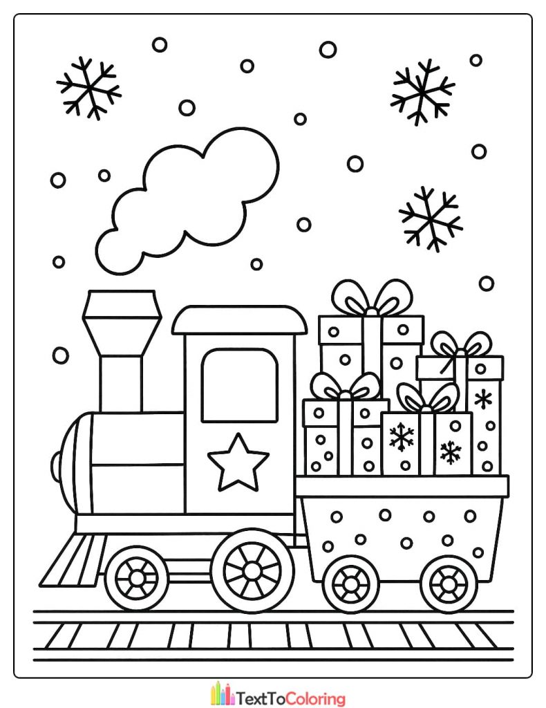 Christmas Coloring Page showing a toy train carrying a wagon full of wrapped gifts