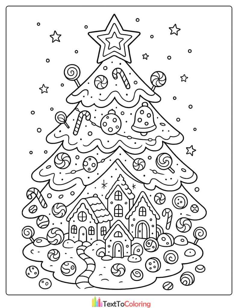Cute Christmas Tree Coloring Page with Gingerbread Houses Candy