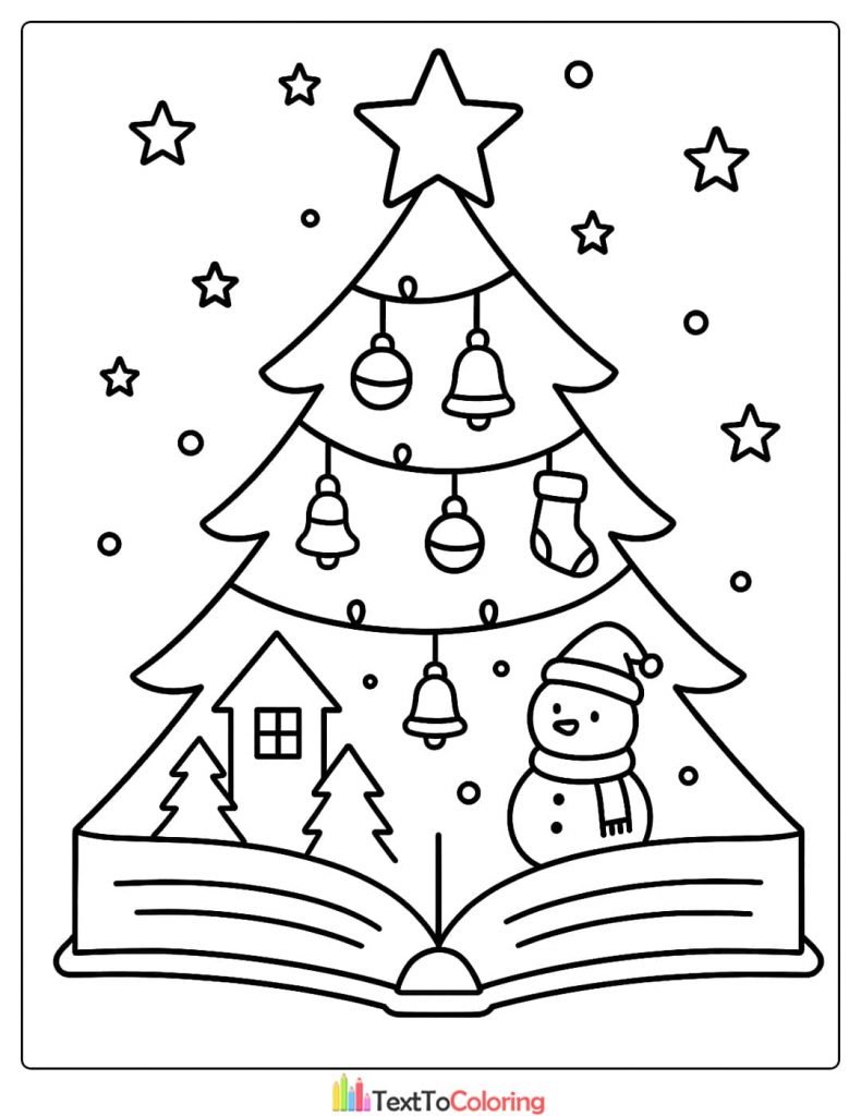 Unique Christmas Tree Coloring Page Emerging from an Open Book with Snowman