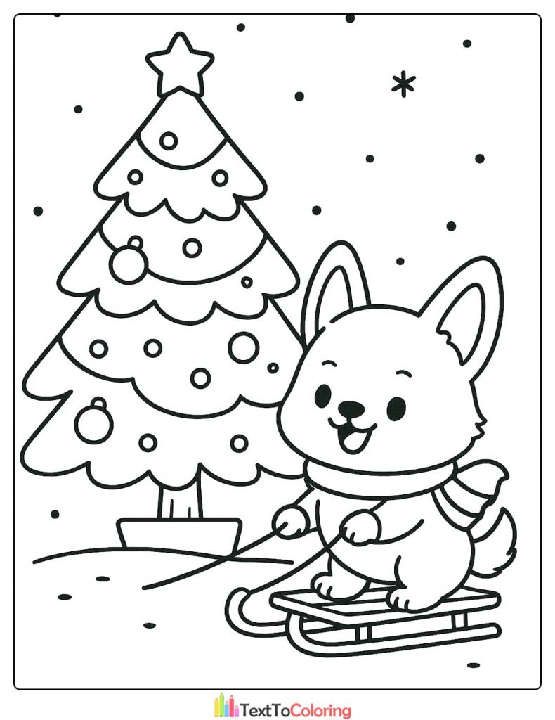 Cute Christmas Tree Coloring Page with Happy Corgi Dog Sledding in Snow