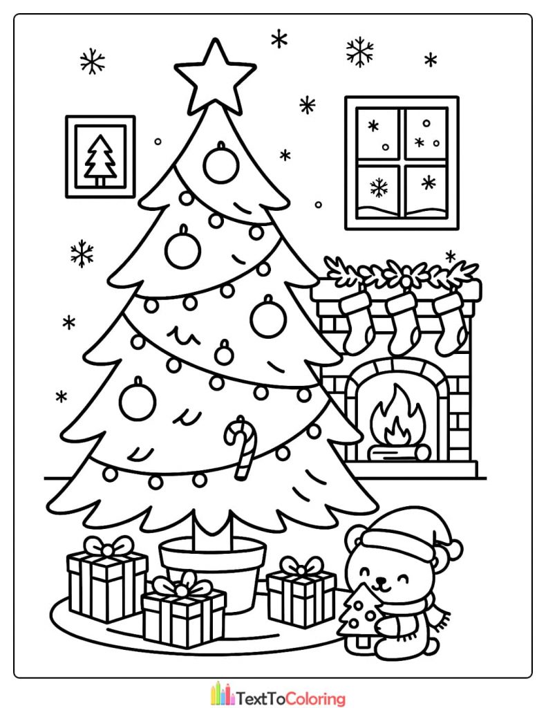 Detailed Christmas Tree Coloring Page with Fireplace Stockings Presents