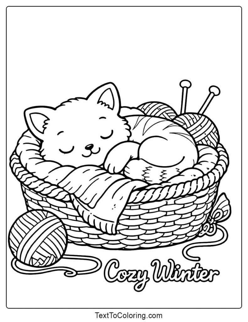 Sleeping Cat In Basket Winter Coloring Pages