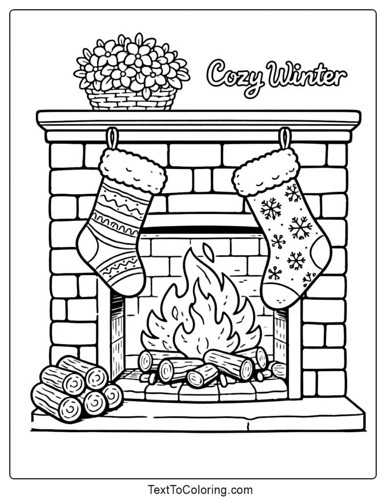 Winter Fireplace With Stockings Coloring Pages