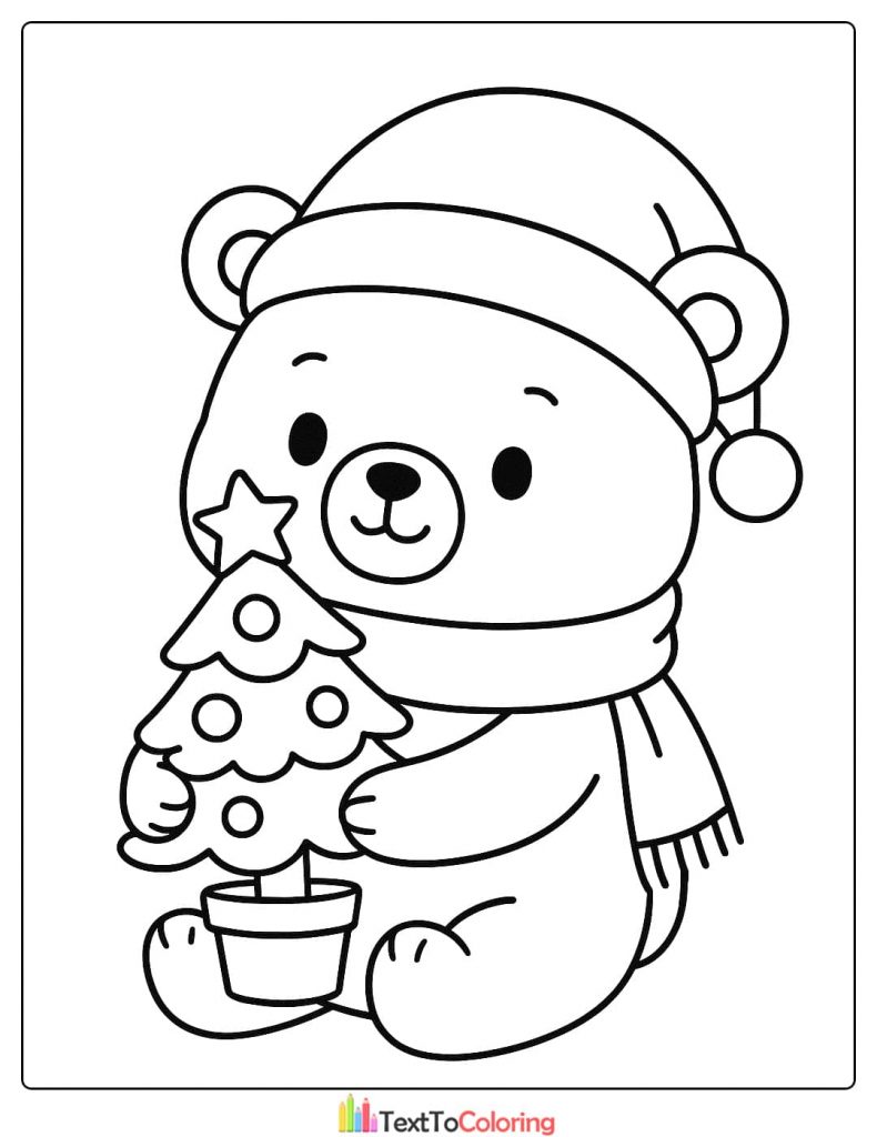 Kawaii Christmas Tree Coloring Page with Bear in Santa Hat Scarf