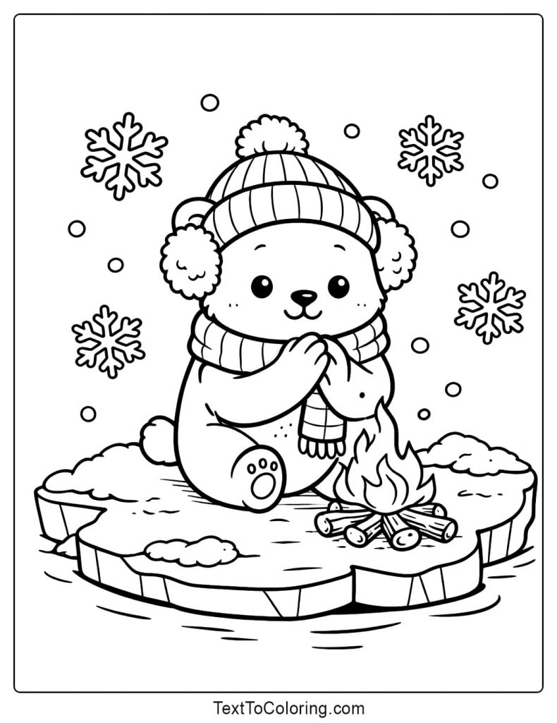 Cute Bear By Campfire Winter Coloring Pages