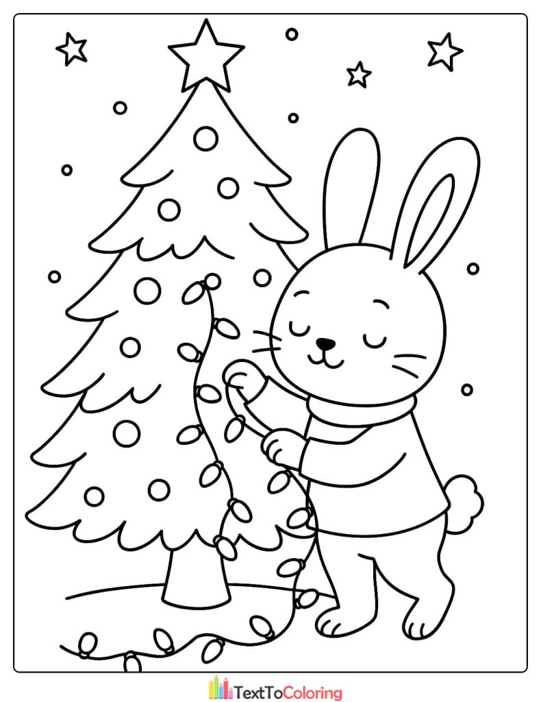 Christmas Coloring Page of an adorable bunny rabbit decorating a festive Christmas tree with lights