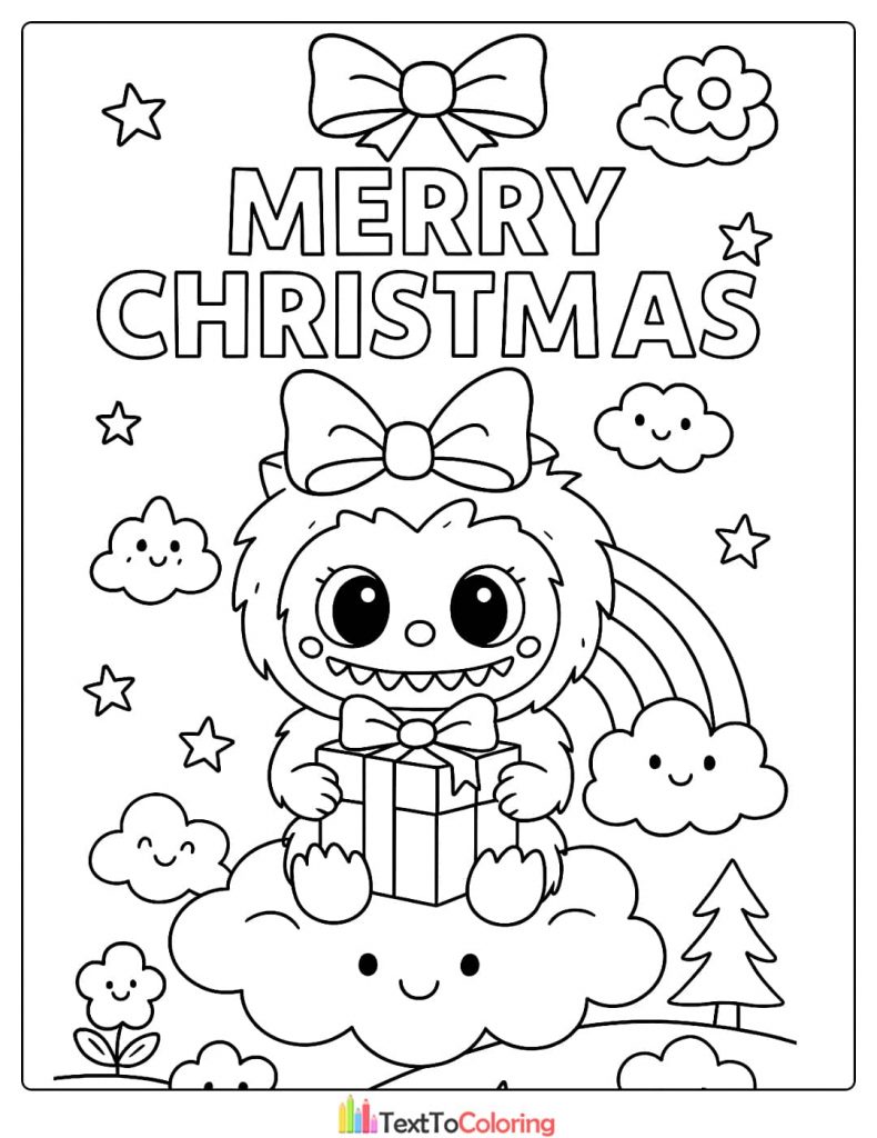 Labubu with a bow holding a Christmas present on a cloud with a rainbow coloring design