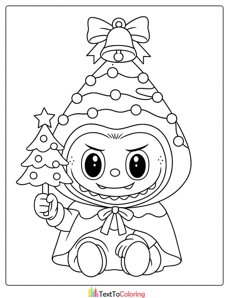 Labubu in Christmas tree costume holding a small Xmas tree coloring sheet