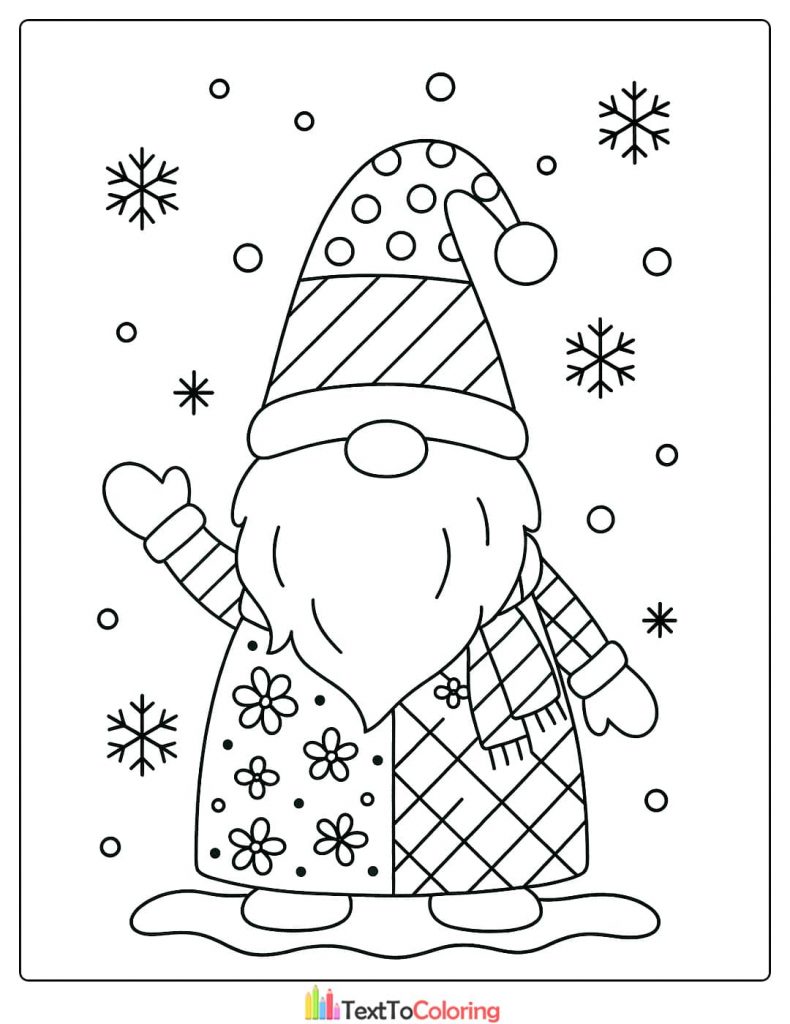 Cheerful Christmas gnome with a long beard and patchwork coat coloring page surrounded by snowflakes