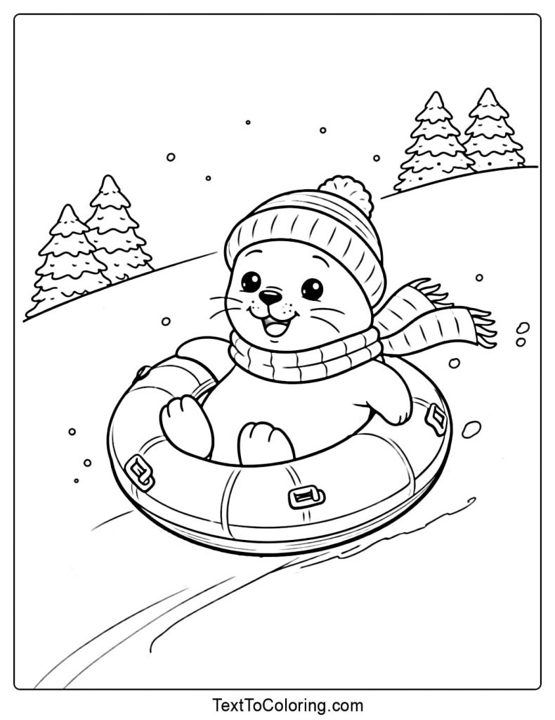 Cute Seal Snow Tubing Winter Sports Coloring Pages