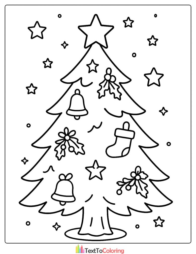 Beautiful Christmas Tree Coloring Page with Holly Bells and Stars