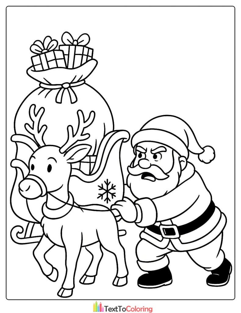 Strong Santa Claus pulling a reindeer and heavy sleigh of gifts coloring page