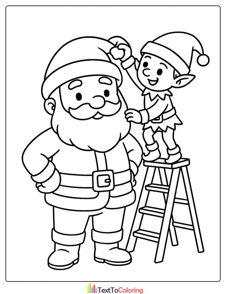 Christmas elf standing on ladder adjusting Santa Claus hat coloring page