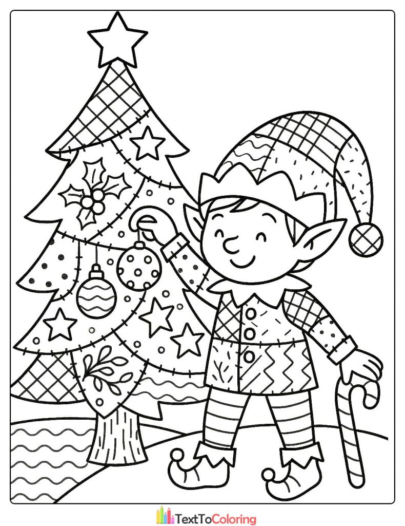 Happy elf holding a candy cane decorating a patchwork patterned Christmas tree with ornaments