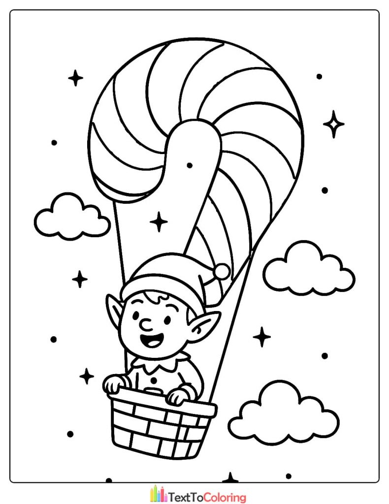 Christmas Coloring Page of a happy elf flying high in a hot air balloon shaped like a giant candy cane