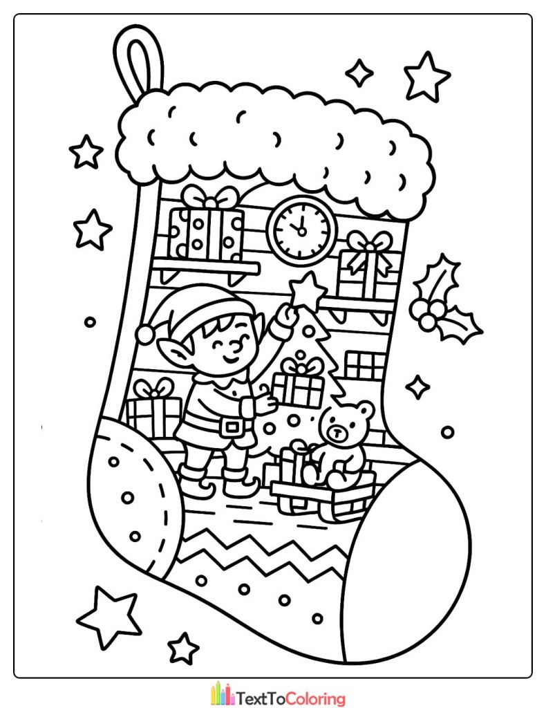 Christmas Coloring Page of an elf decorating a miniature Christmas scene inside a giant stocking