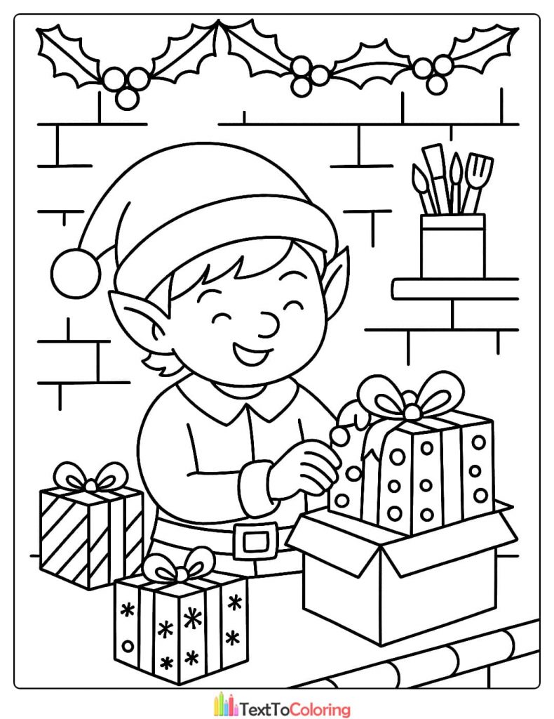 Christmas Coloring Page of a happy elf in Santas workshop wrapping a gift