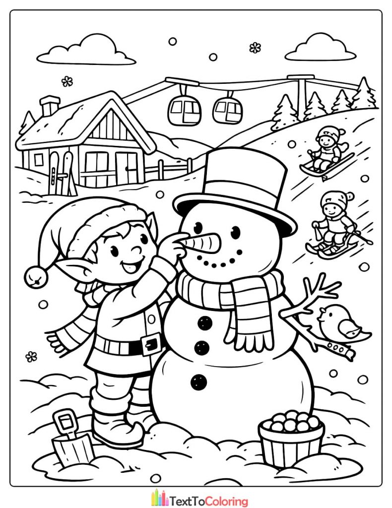 Elf building snowman coloring page