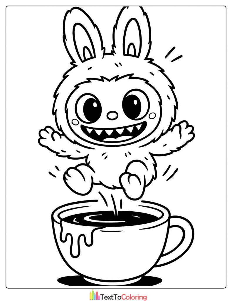 Labubu with bunny ears jumping enthusiastically out of a steaming coffee cup coloring image