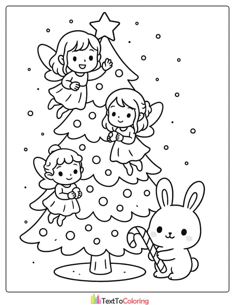 Kawaii Christmas Tree Coloring Page with Three Fairies and Bunny