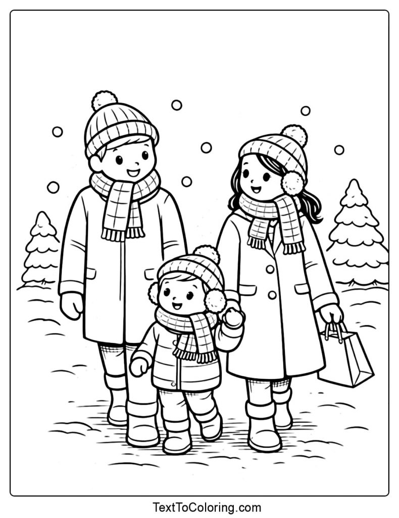Family Walking In Snow Winter Coloring Pages