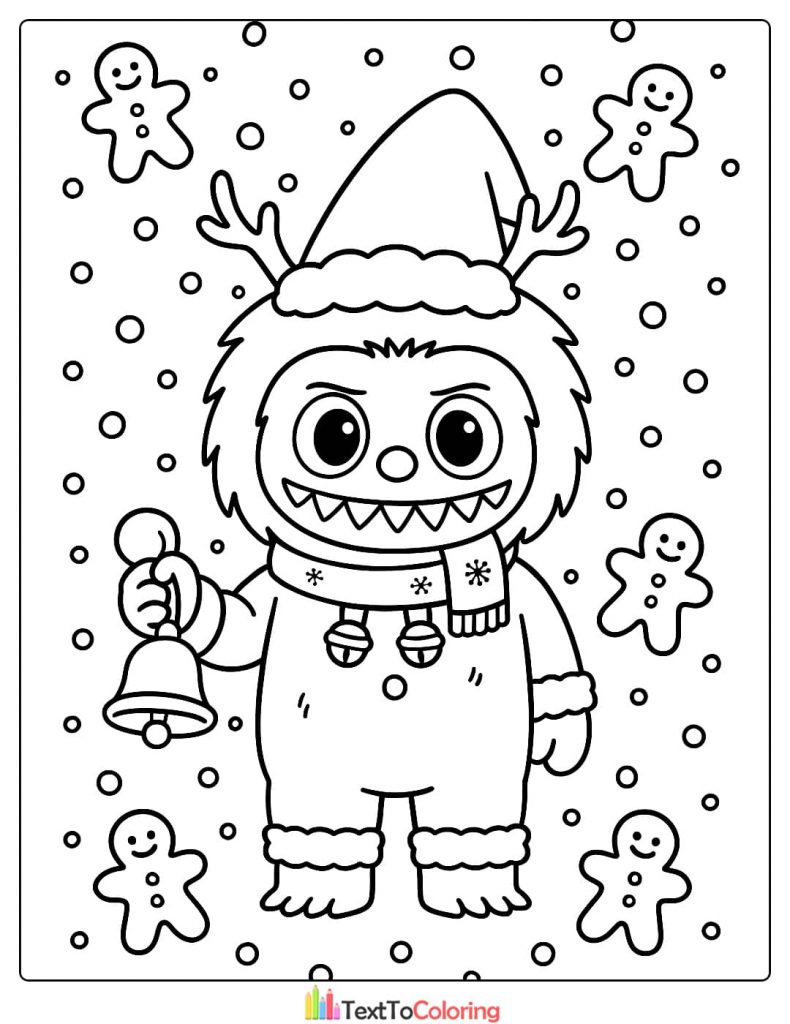 Labubu wearing Christmas scarf and antler hat holding a bell surrounded by gingerbread men