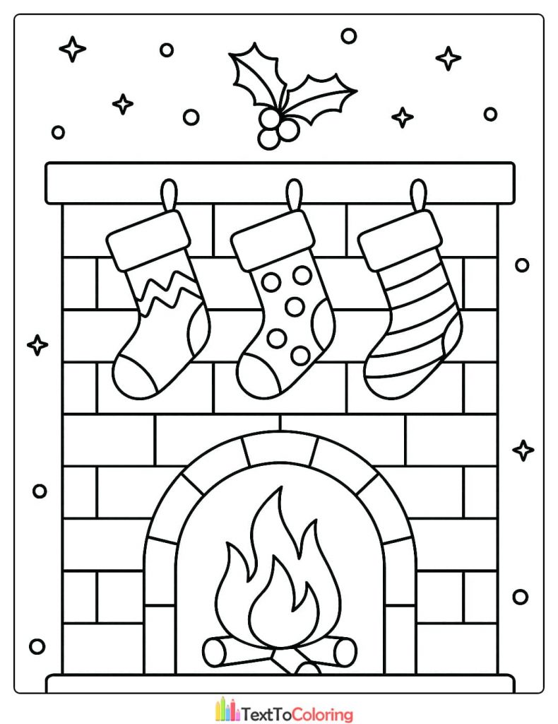 Christmas Coloring Page featuring a cozy fireplace with three hanging patterned stockings and holly