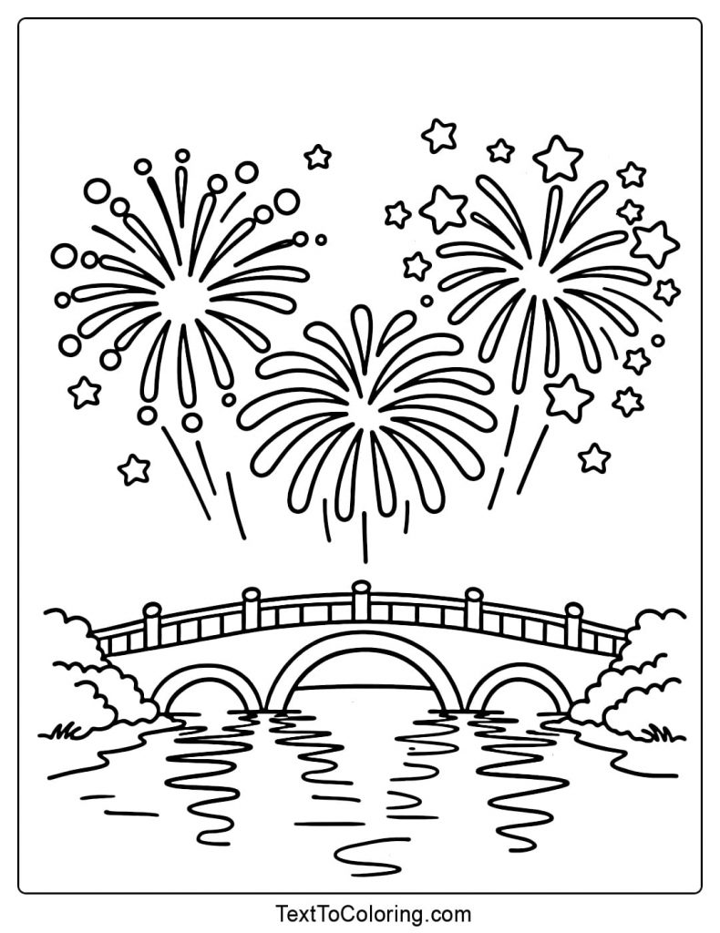 Fireworks Coloring Pages Bridge Over River