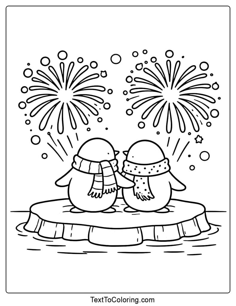 Fireworks Coloring Pages With Penguins On Ice