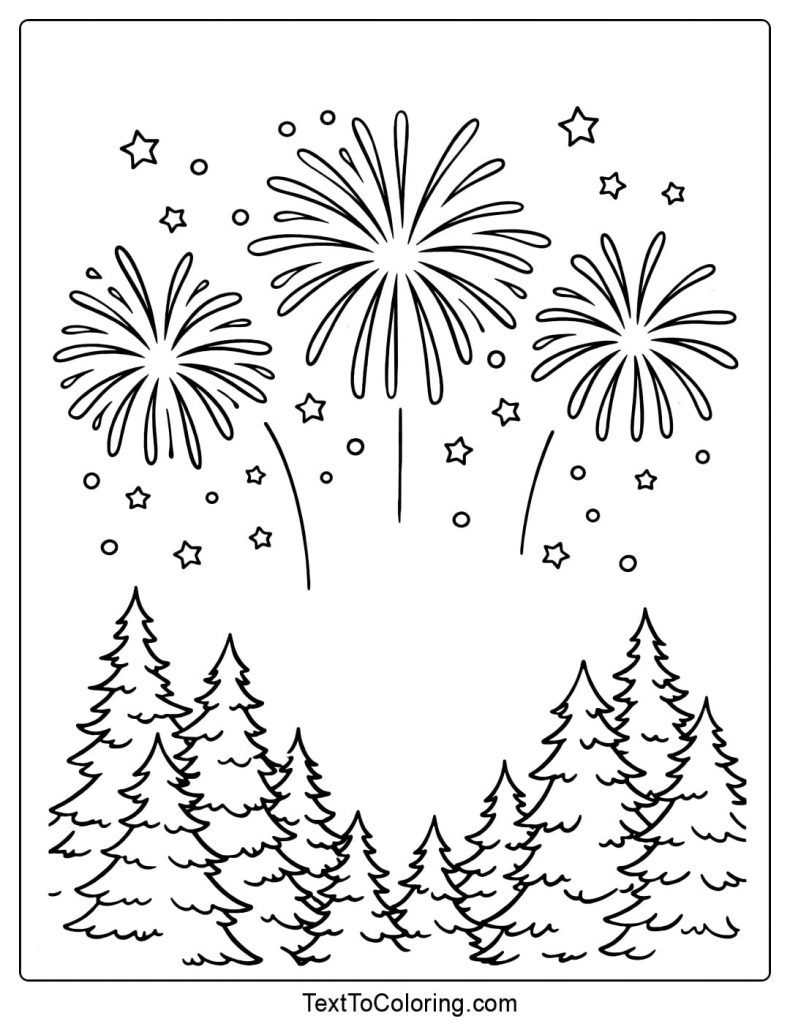 Fireworks Coloring Pages Forest Trees Night