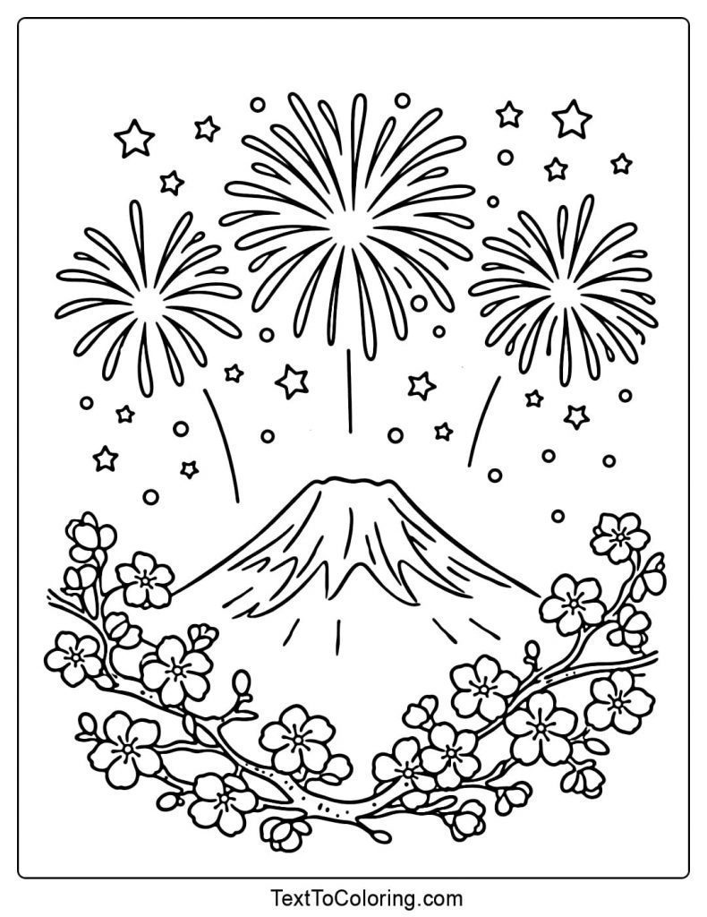 Fireworks Coloring Pages Mountain With Flowers