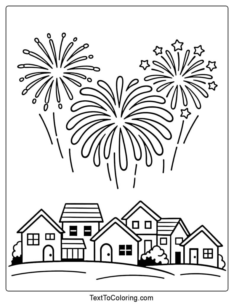 Fireworks Coloring Pages Over Small Town