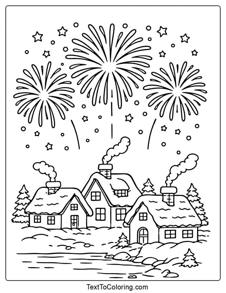 Fireworks Coloring Pages Snowy Village
