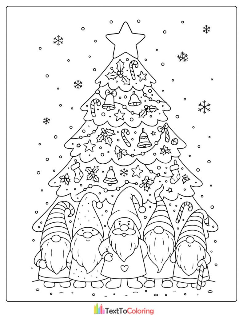 Festive Christmas Tree Coloring Page with Five Cute Gnomes